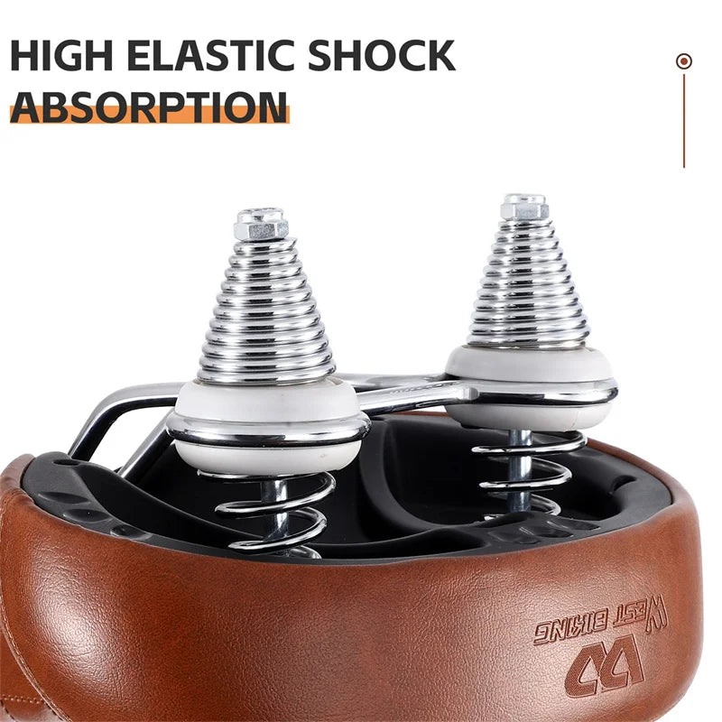 WEST BIKING MTB Spring Saddle Electric Bike Wide Comfortable Shock-Absorbing Bicycle Seat Leather Retro Brown Saddle Soft Beargoods