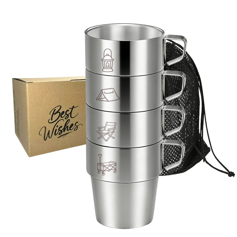 4 Pack Stainless Steel Camping Cups with Handle 10 oz Double Wall Stackable Camping Coffee Mugs with Mesh Bag for Outdoor Travel Beargoods