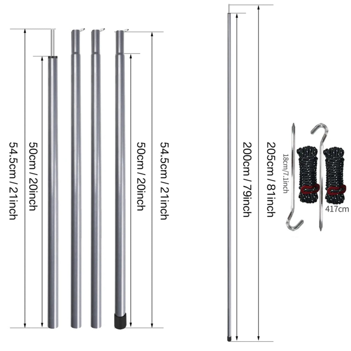 2m Telescopic Tent Poles Set of 2 Lightweight Adjustable Trekking Camping Collapsible Poles for Walking Canopy Hiking Beargoods