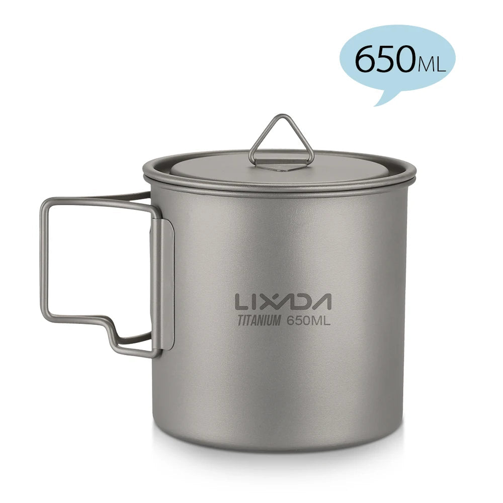 Lixada Titanium Pot Water Cup Mug with Lid Handle Folding Spork Outdoor Water Mugs Pot Camping Picnic Backpacking Cookware Beargoods