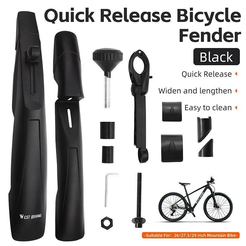 WEST BIKING Bicycle Fenders 26/27.5/ 29 inch Mountain Bike Front Rear Tire Bike Mudguard Lengthen Wheel MTB Quick Release Fender Beargoods