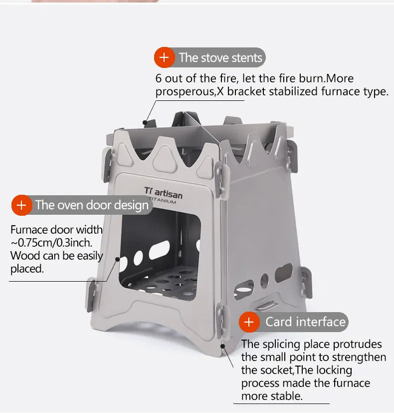 Tiartisan Titanium Outdoor Foldable Wood Stove Hiking Picnic Ultralight Portable Fire Burner Stove Multi-purpose Camping gear Beargoods