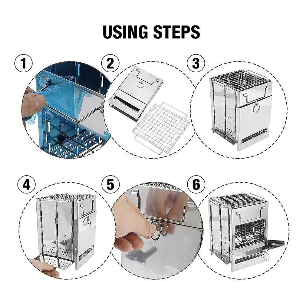 Portable Camping Wood Burning Stove Folding Camp Stove Stainless Steel Campfire Stove for Outdoor Cooking Picnic Hiking BB Beargoods