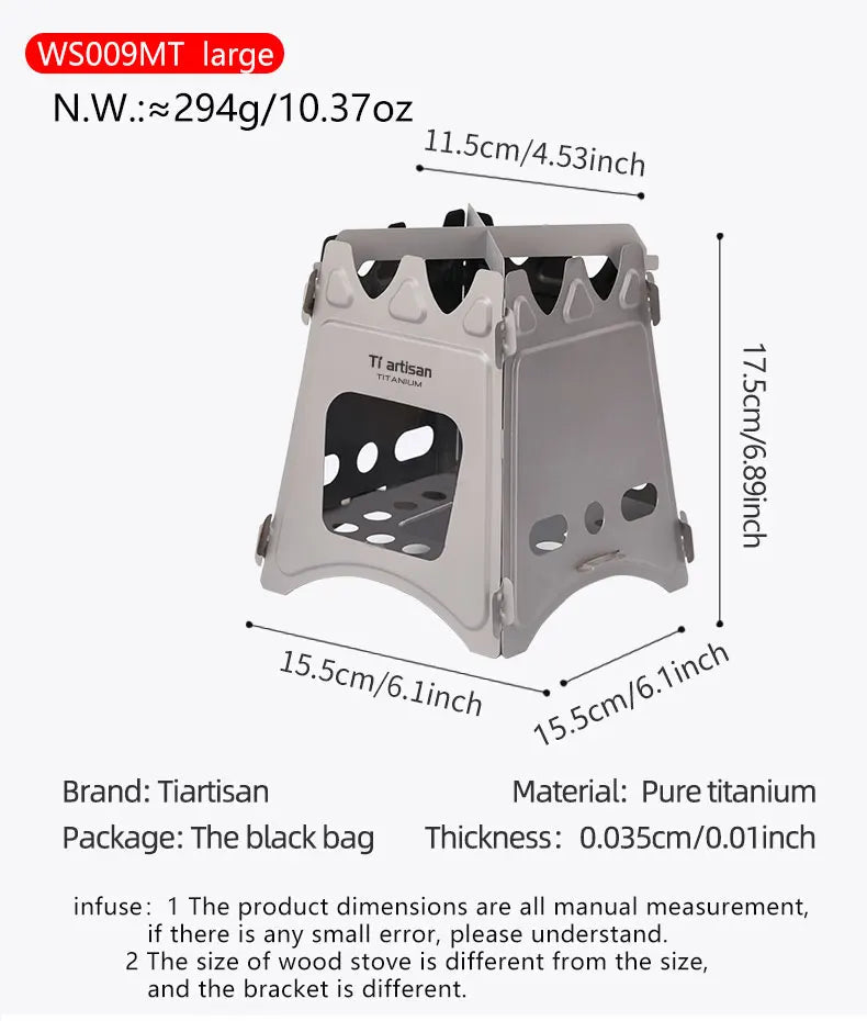 Tiartisan Titanium Outdoor Foldable Wood Stove Hiking Picnic Ultralight Portable Fire Burner Stove Multi-purpose Camping gear Beargoods