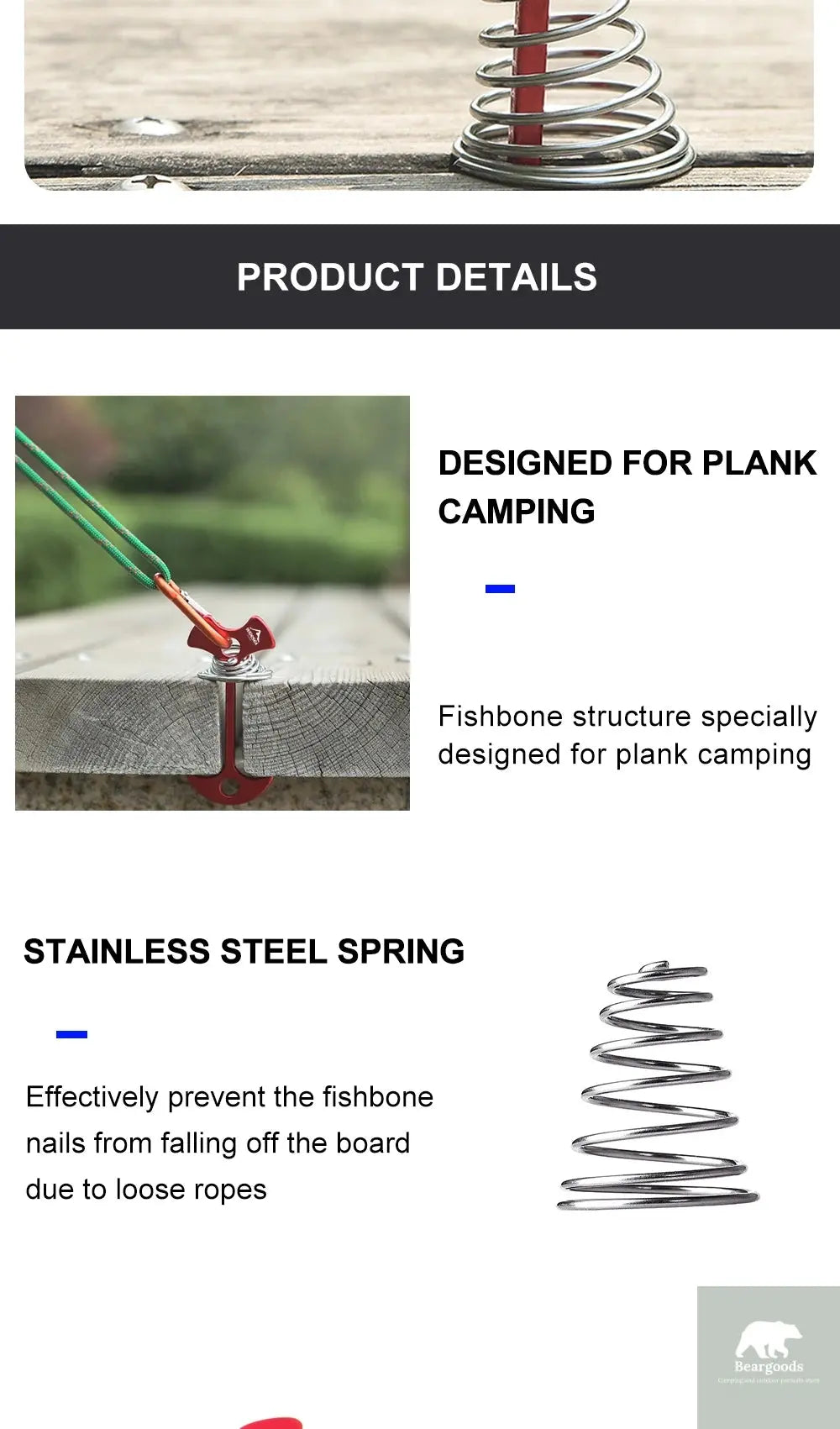 Widesea 4Pcs/set Camping Adjustable Plank Spiral Shaped Fish Bone Deck Carabiner Wind Rope Buckles Tent Stakes Hook Board Peg Beargoods