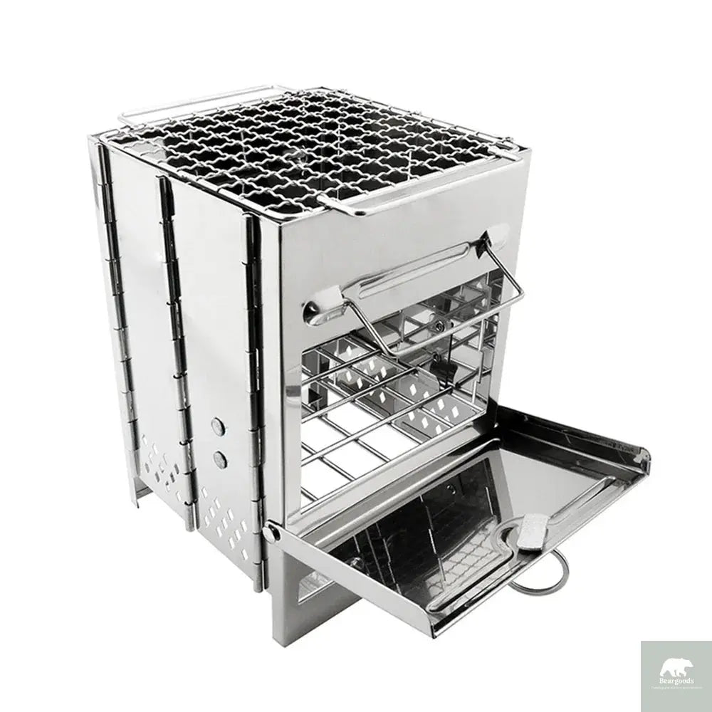 Square Wood Burning Camping Stove Outdoor Survival BBQ Mini Grill BBQ Outdoor Camping Firewood Folding BBQ Picnic Stove Beargoods