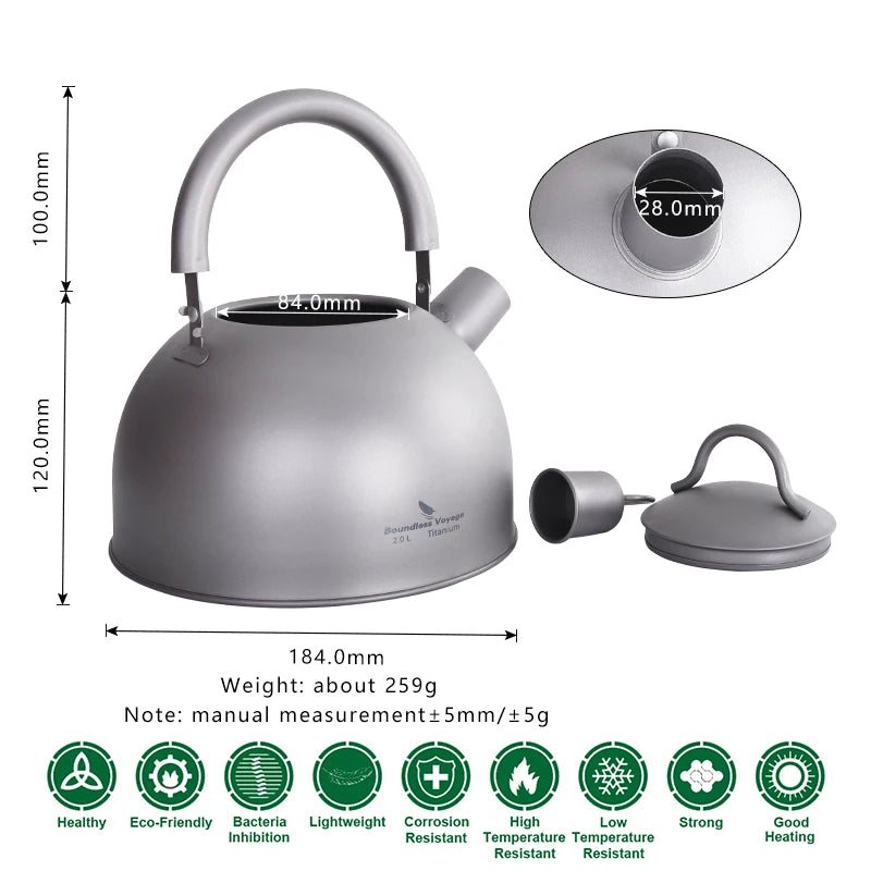 Boundless Voyage Outdoor Ultralight  Big Capacity Pot with Warning Buzzer 2L Titanium Kettle for Boiling Water Coffee Tea Beargoods