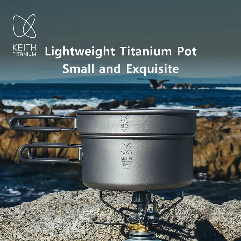 KEITH Pure Titanium 2-Piece Cookware Set (800ml+1250ml), Ultralight Pot & Pan with Mesh Bag for Camping Backpacking Hiking Beargoods
