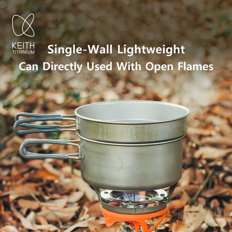 KEITH Pure Titanium 2-Piece Cookware Set (800ml+1250ml), Ultralight Pot & Pan with Mesh Bag for Camping Backpacking Hiking Beargoods