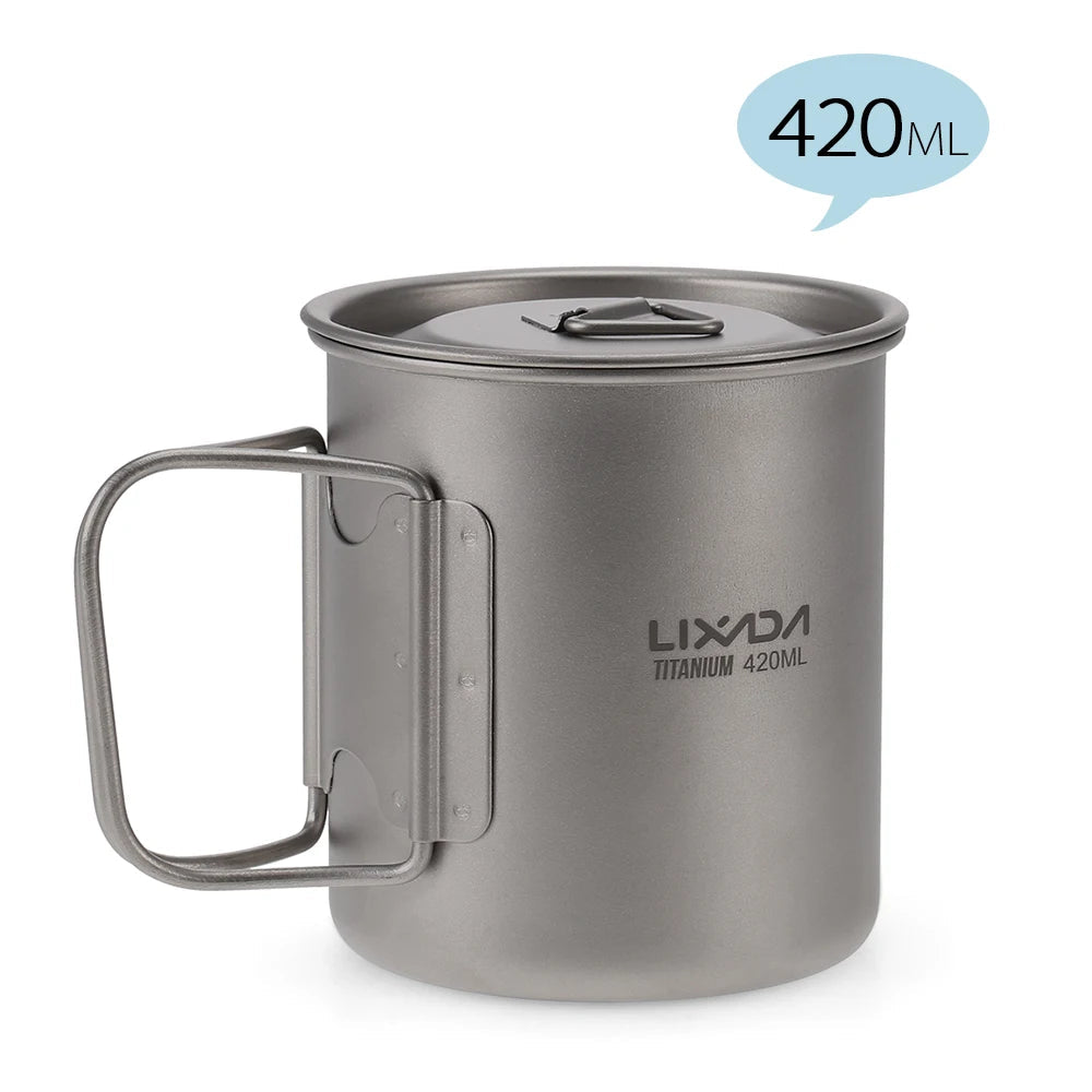 Lixada Titanium Pot Water Cup Mug with Lid Handle Folding Spork Outdoor Water Mugs Pot Camping Picnic Backpacking Cookware Beargoods