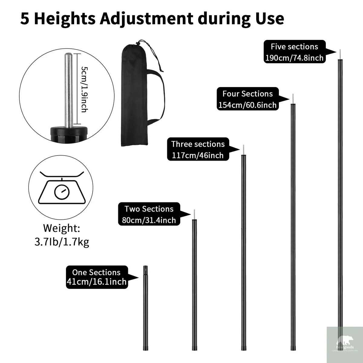 2m Telescopic Tent Poles Set of 2 Lightweight Adjustable Trekking Camping Collapsible Poles for Walking Canopy Hiking Beargoods