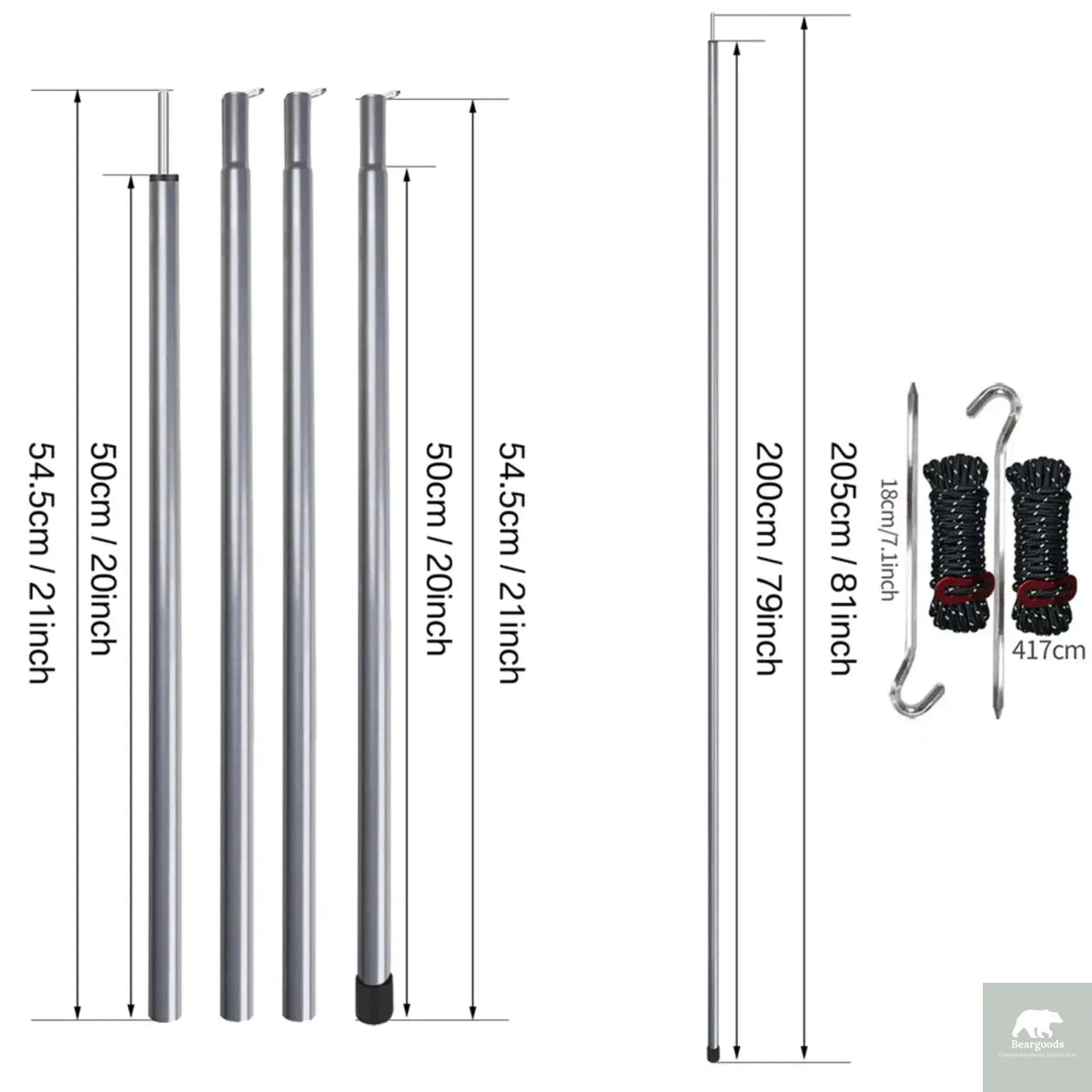 2m Telescopic Tent Poles Set of 2 Lightweight Adjustable Trekking Camping Collapsible Poles for Walking Canopy Hiking Beargoods
