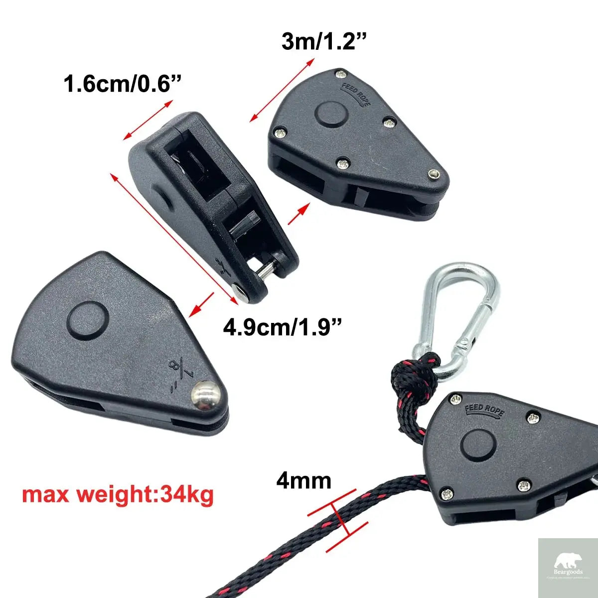 4mm Camping Tent Tie Down Rope Tightener Fastening Pulley Ratchet Hangers Awning Rope Hook Canopy Buckle Rope Tightening Tool Beargoods